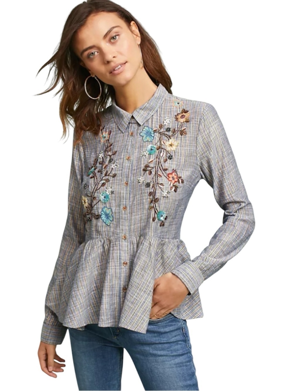 HD in Paris Ella Embroidered metallic Striped long sleeve 
Peplum Shirt